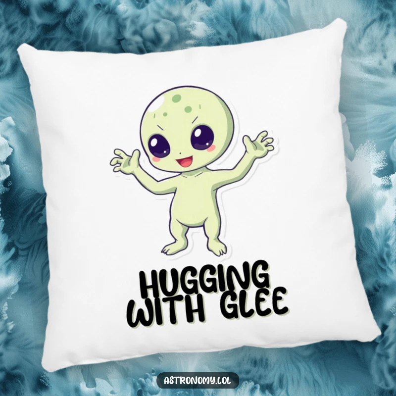 Funny pillow featuring a cute, bouncing alien character waving amiably with all three arms, perfect for cozy relaxation.