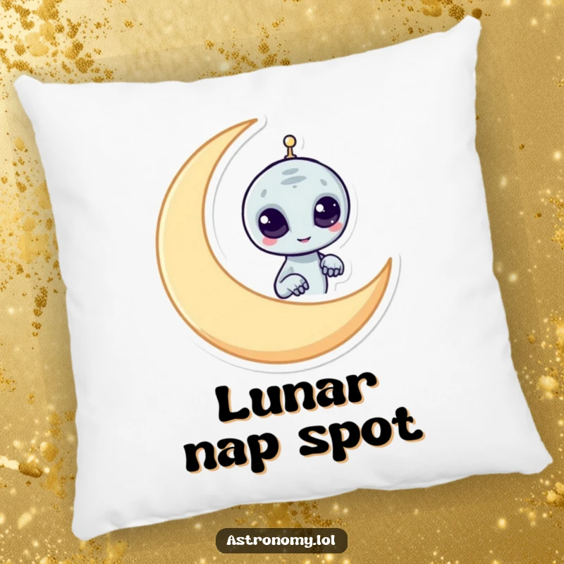 Funny alien pillow featuring a mischievous character peeking from behind a crescent moon, adding comfort and playful humor.