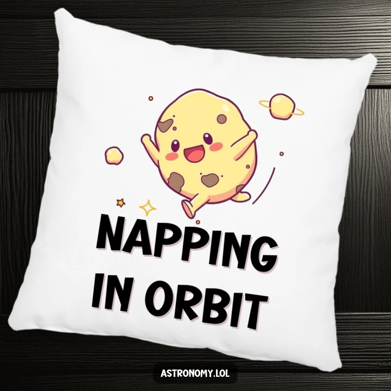 Funny pillow design of a smiling asteroid performing a cartwheel in the vastness of space, adding a playful touch to any room.