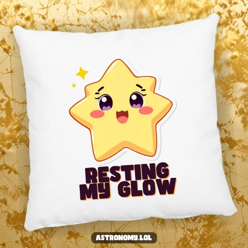 Funny pillow with a soft, delighted star character twinkling brightly, offering comfort and cheerful vibes. Comfy gift.