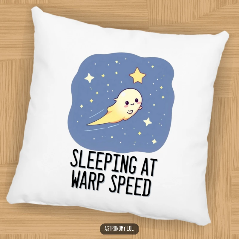 Funny pillow featuring a playful comet streaking across a starry sky, providing comfort and cosmic charm.