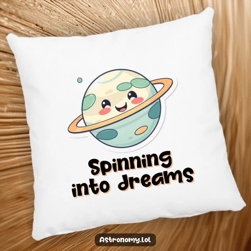 Funny pillow featuring a cute, smiling planet character happily spinning, offering comfort and a touch of cosmic humor.