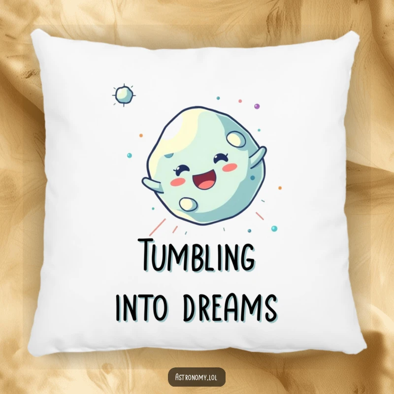 Funny Asteroid Pillow with a soft, joyful, tumbling character, offering cozy comfort and a touch of cosmic humor.