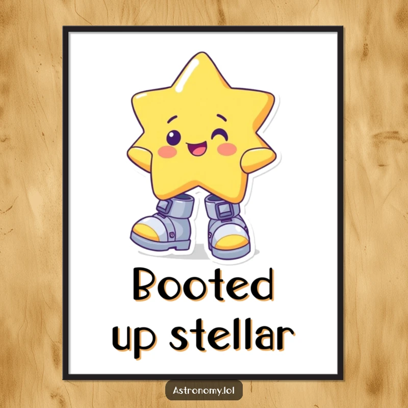 Funny star digital art print of a cheerful character wearing oversized, wonky gravity boots, a downloadable humorous space artwork.