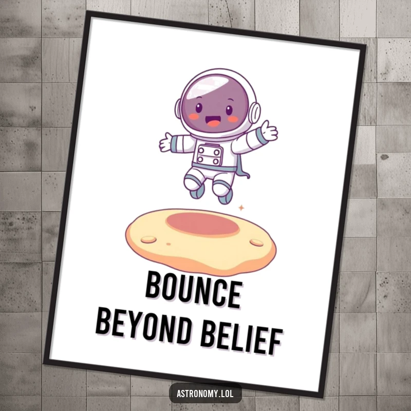 Funny joyful astronaut character bouncing on a colorful alien surface, creating humorous and energetic digital art.