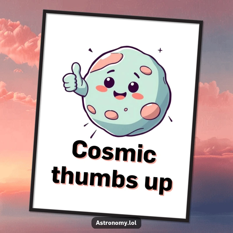 Funny digital artwork of a bouncing asteroid character giving a cheerful thumbs up, perfect for adding playful and positive cosmic vibes.