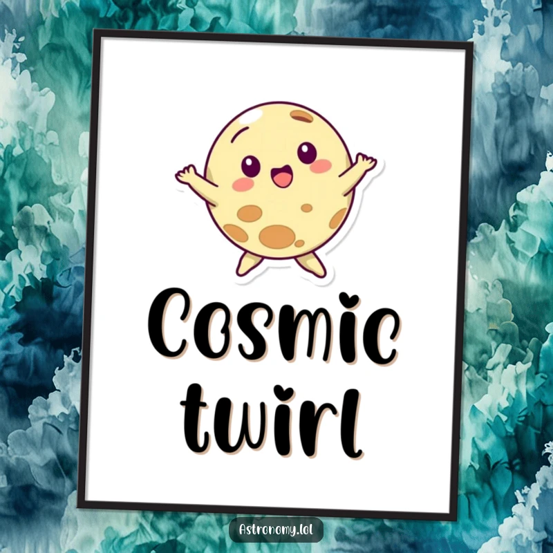 Funny digital art print of a planet character gleefully spinning, radiating positive energy and cosmic fun, ready for download.