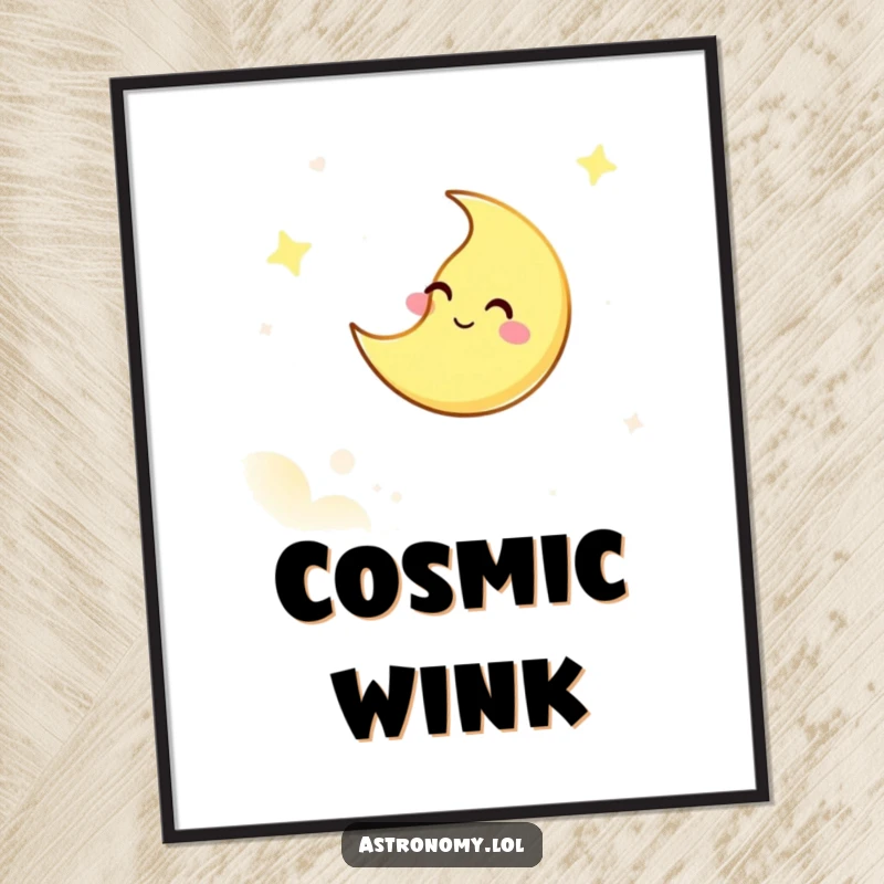 Funny digital art print of a giggling moon character winking from the sky, offering instant playful cosmic charm for your decor.