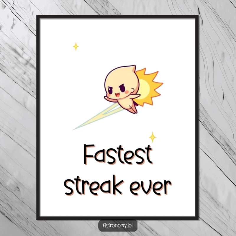 Funny meteor character streaking determinedly across the sky, digital art print, instant cosmic energy and humor.