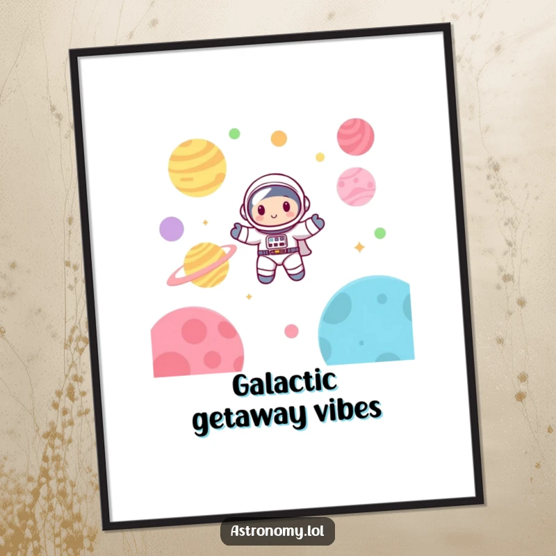 Funny astronaut digital art print of a cute character happily floating amongst vibrant, colorful planets in a charming space scene.