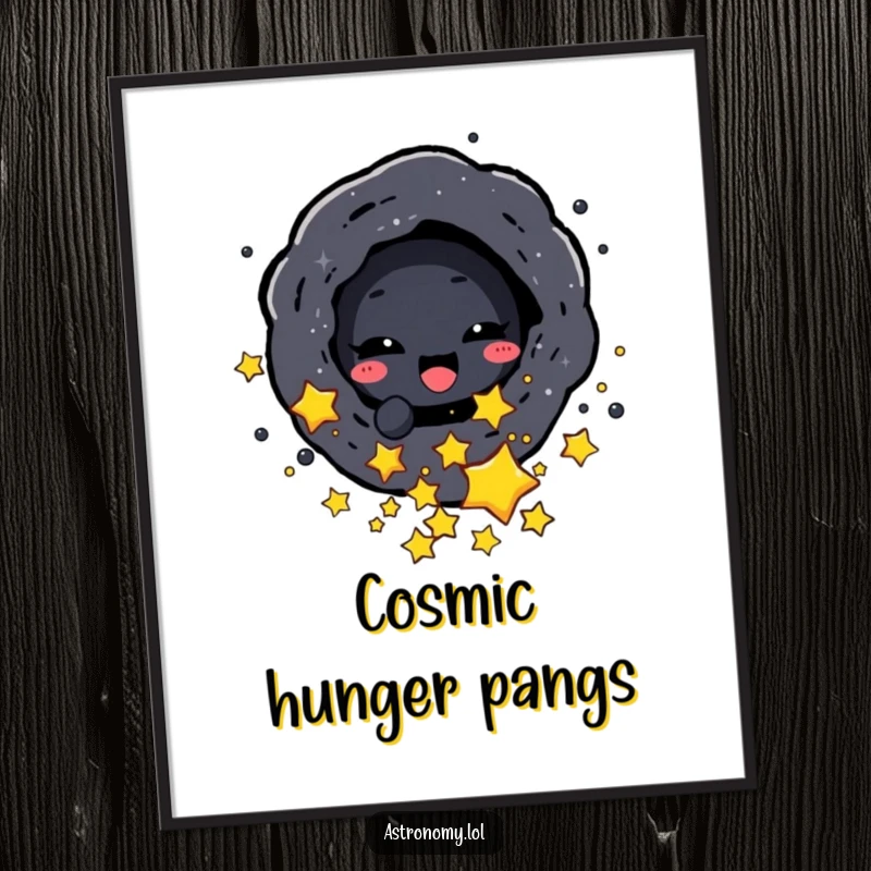 Funny digital art print of a black hole character playfully sucking in small stars, perfect for instant wall decor.
