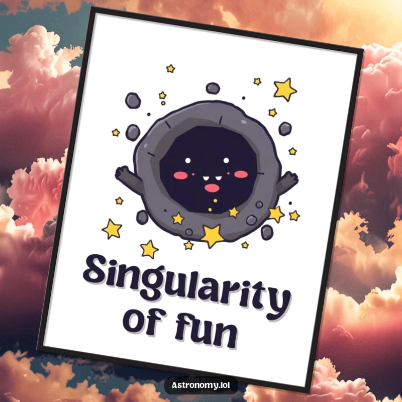 Funny digital art print of a mischievous black hole character playfully pulling in tiny stars, adding cosmic drama. Instant gift.