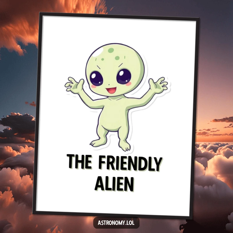 Funny digital art print of a bouncing alien character enthusiastically waving with all three arms, bringing instant cheer and fun.