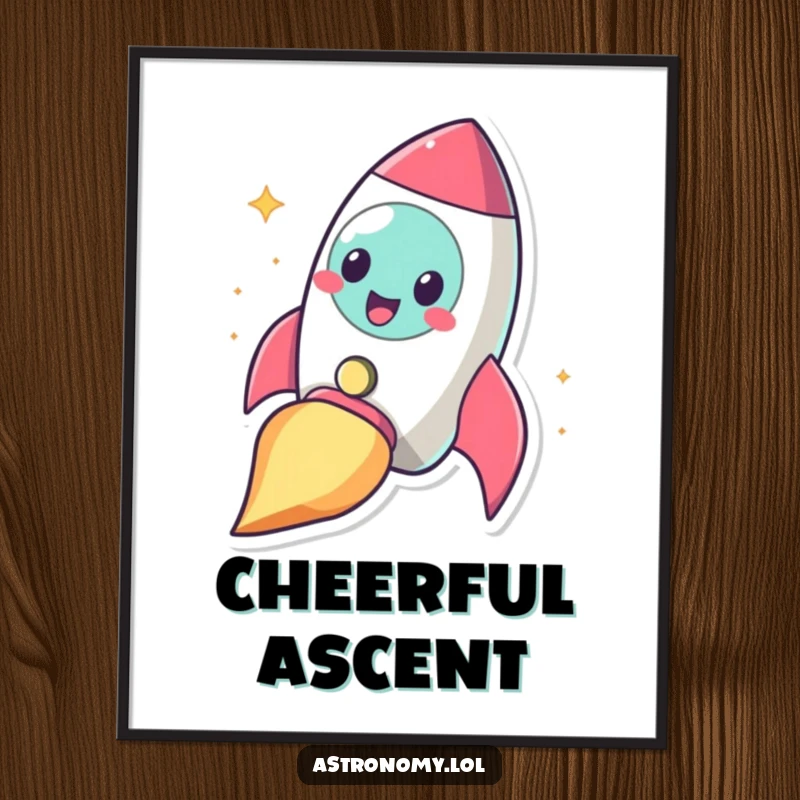 Funny cheerful rocketship character blasting off with a smile, a high-resolution digital art print for instant download.