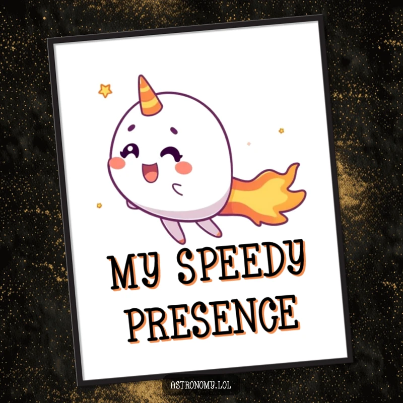 Funny comet digital art print of a cheerful character with a fiery tail zipping by, ready for instant download.