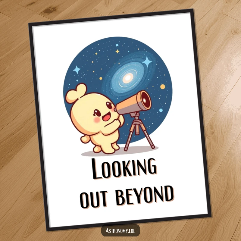 Funny telescope character exploring a visually stunning winking galaxy, a digital art print for immediate download.