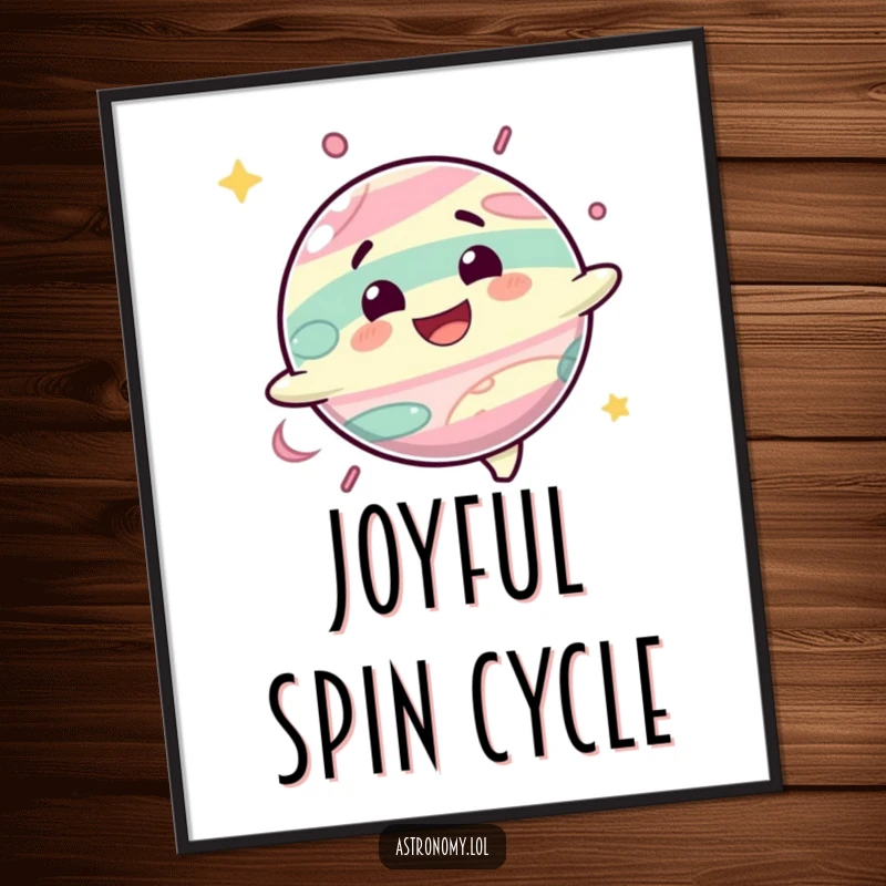 Funny digital art print of a delighted planet character spinning with a happy grin, ready for instant display.