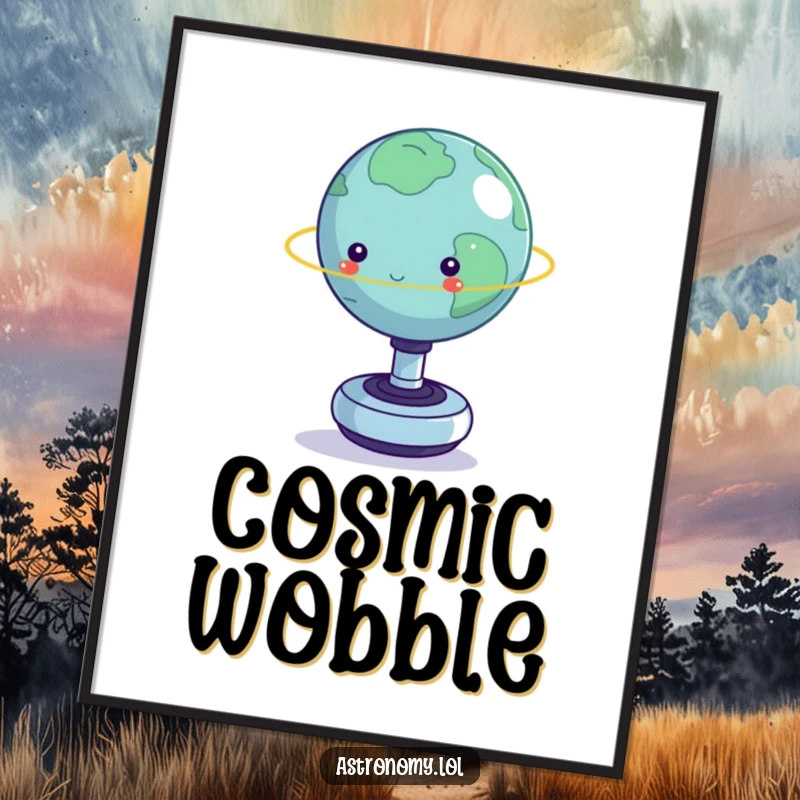 Funny digital art: A tiny planet balancing on a spinning fidget toy, capturing humorous cosmic chaos.