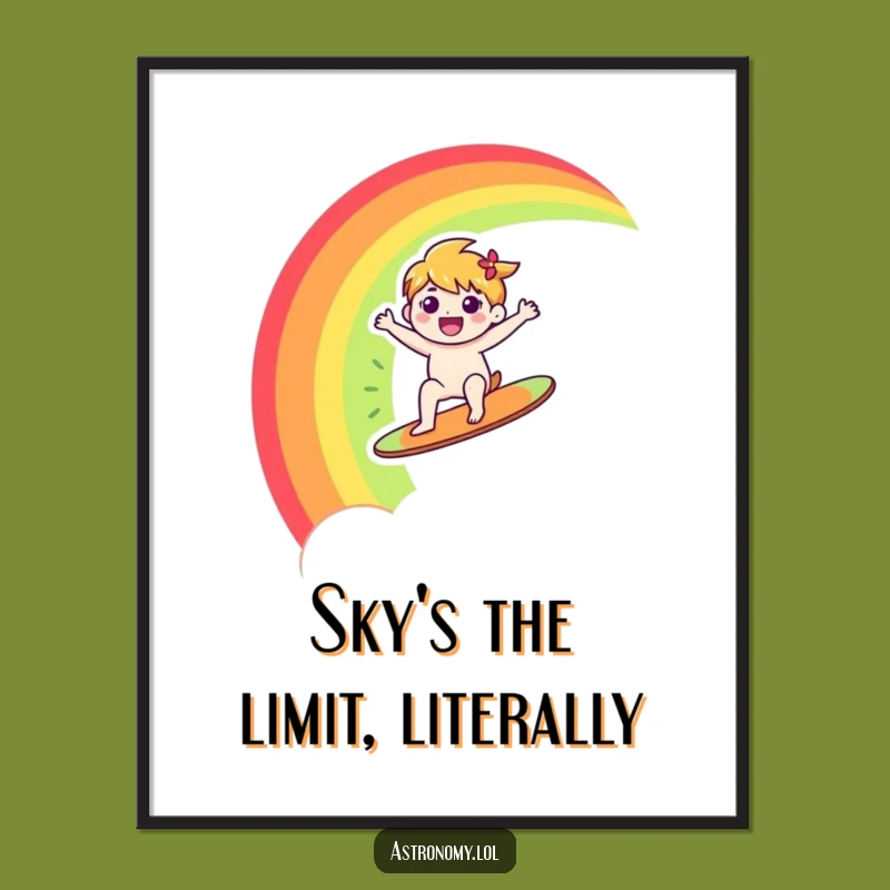 Funny Rainbow Digital Art: Happy Character Surfs Rainbow, Printable Funny Gift