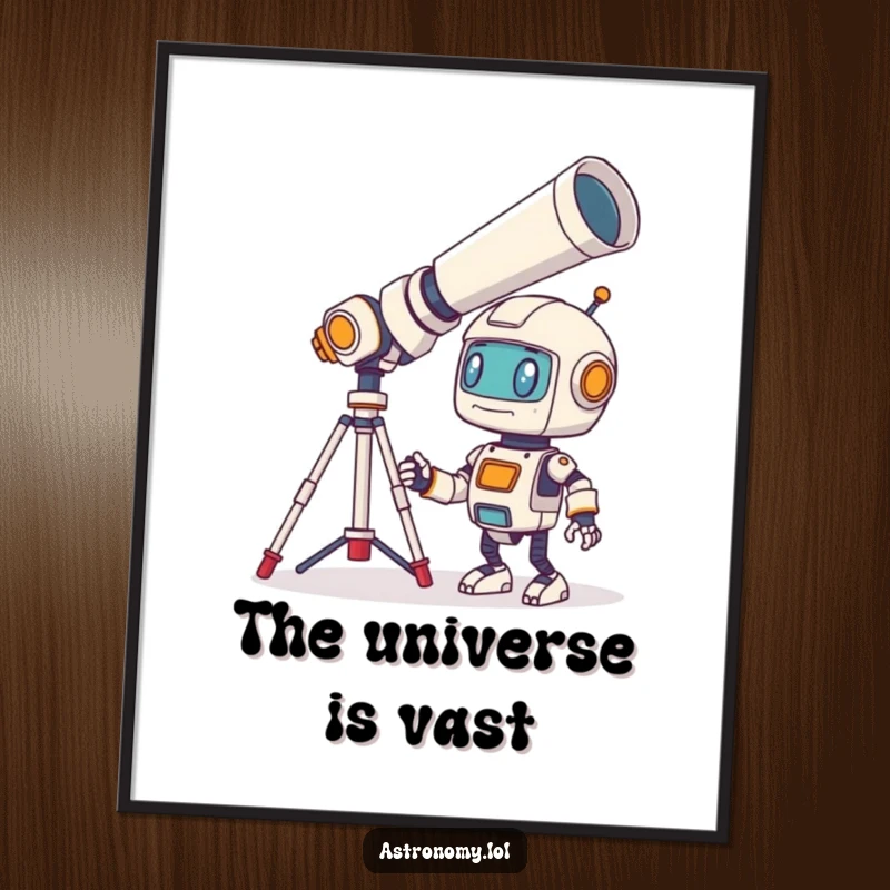 Funny Robot Digital Art Print of a bewildered little character looking through a giant telescope, delivering instant sci-fi wonder and humor.