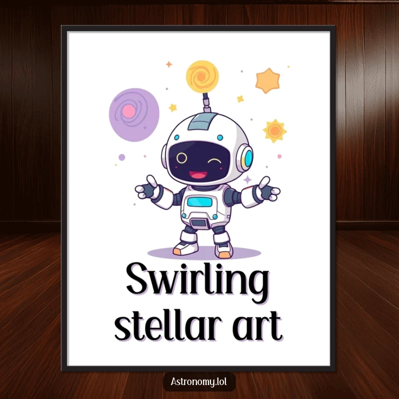 Funny digital art print of a giggling robot juggling three colorful swirling galaxies, ready for instant display.
