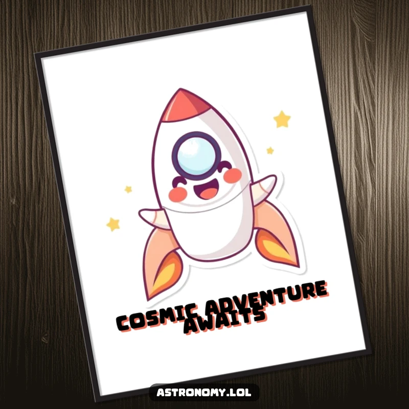 Funny Digital Art Print of a playful rocket character smiling and blasting off, offering an instant, humorous, and space-themed decoration.
