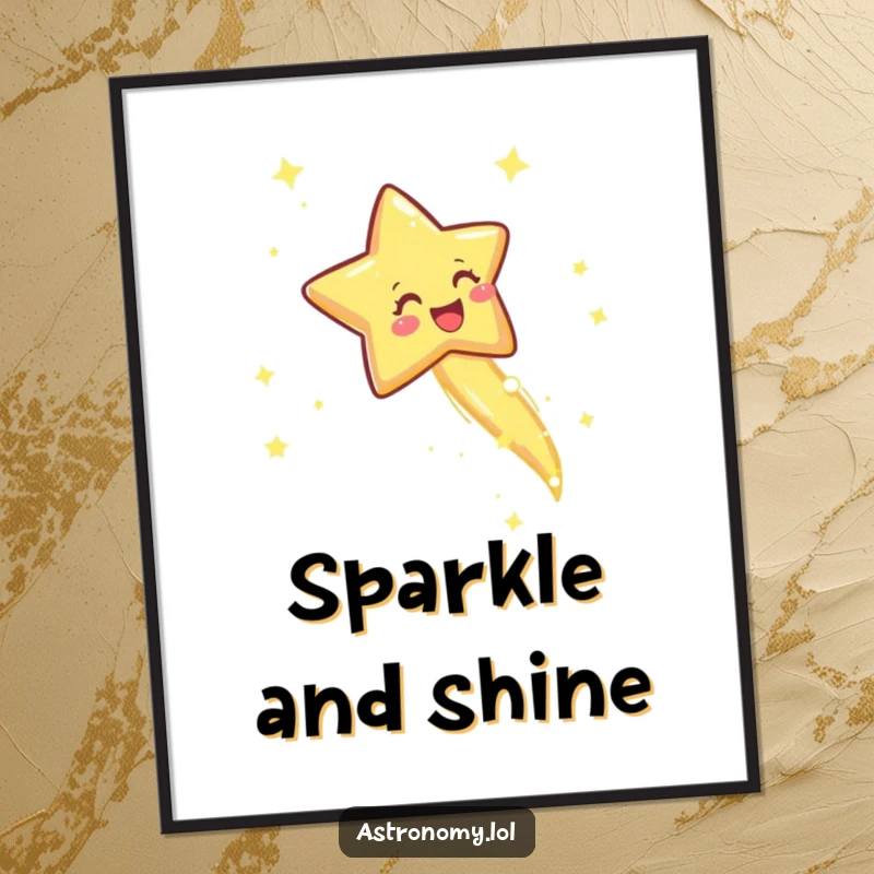 Funny digital art print of a joyful shooting star leaving a sparkly trail, offering instant cosmic magic and humor for your decor.