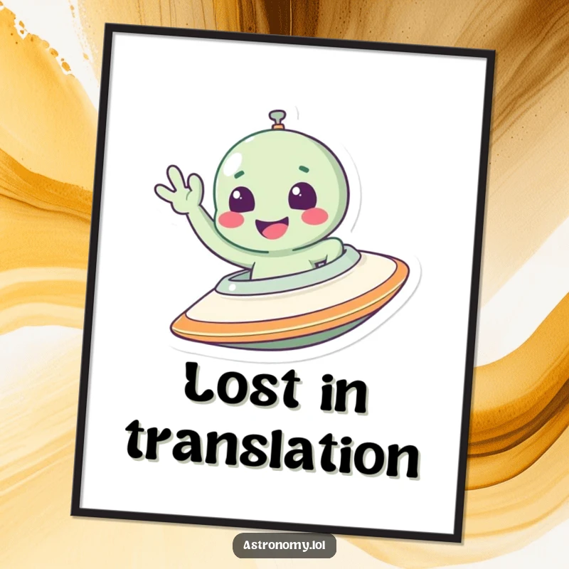 Funny alien digital art print of a smiling character enthusiastically waving from inside a spaceship, designed for humor.