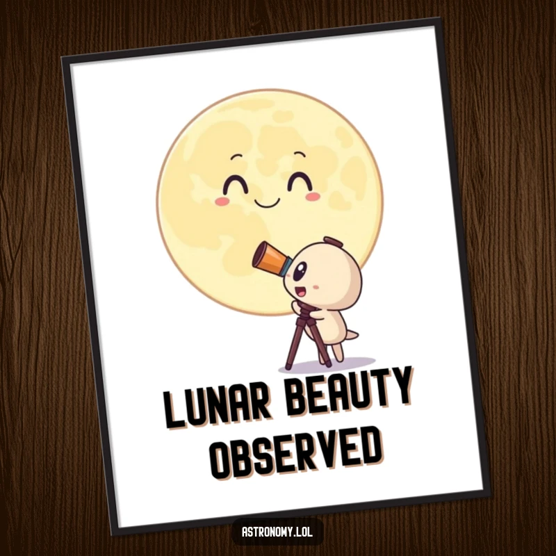 Funny digital art print of a surprised telescope character looking at a giant, smiling moon, bringing celestial charm. Instant gift.