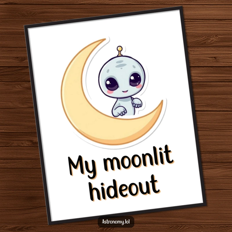 Funny alien digital art print of a mischievous character peeking from behind a crescent moon, ready for instant download.