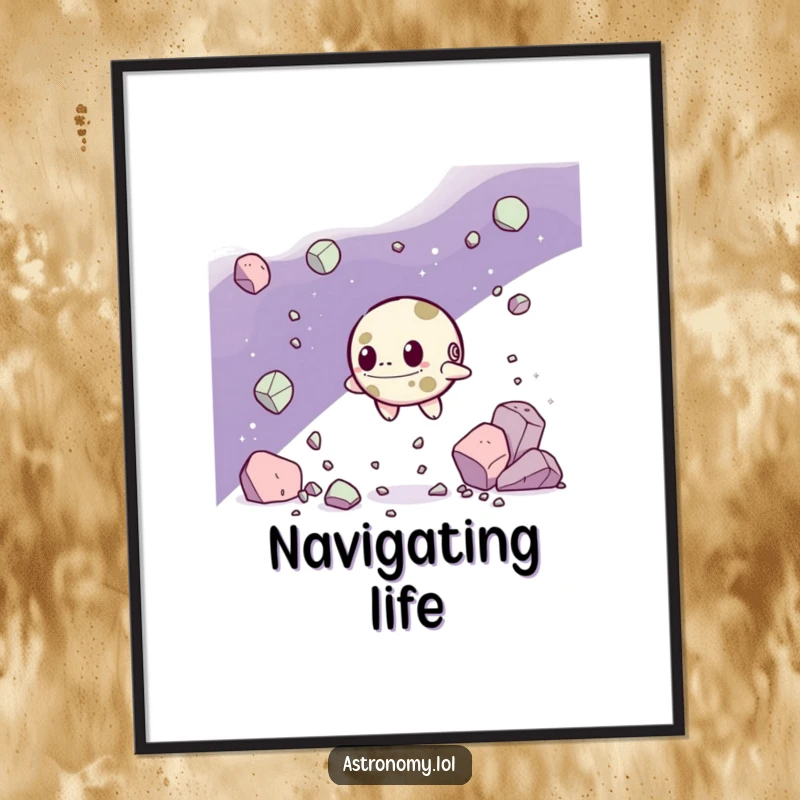 Funny Digital Art Print: A Determined Asteroid Character Navigating Debris, creating inspiring and humorous art. A great gift.