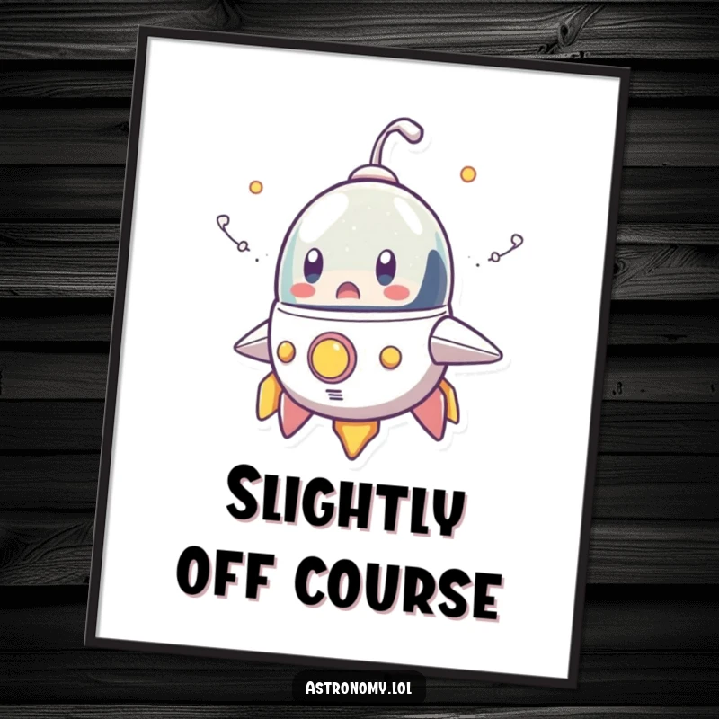 Funny digital art print of a surprised spaceship character letting out cartoonish smoke trails, ready for download and display.