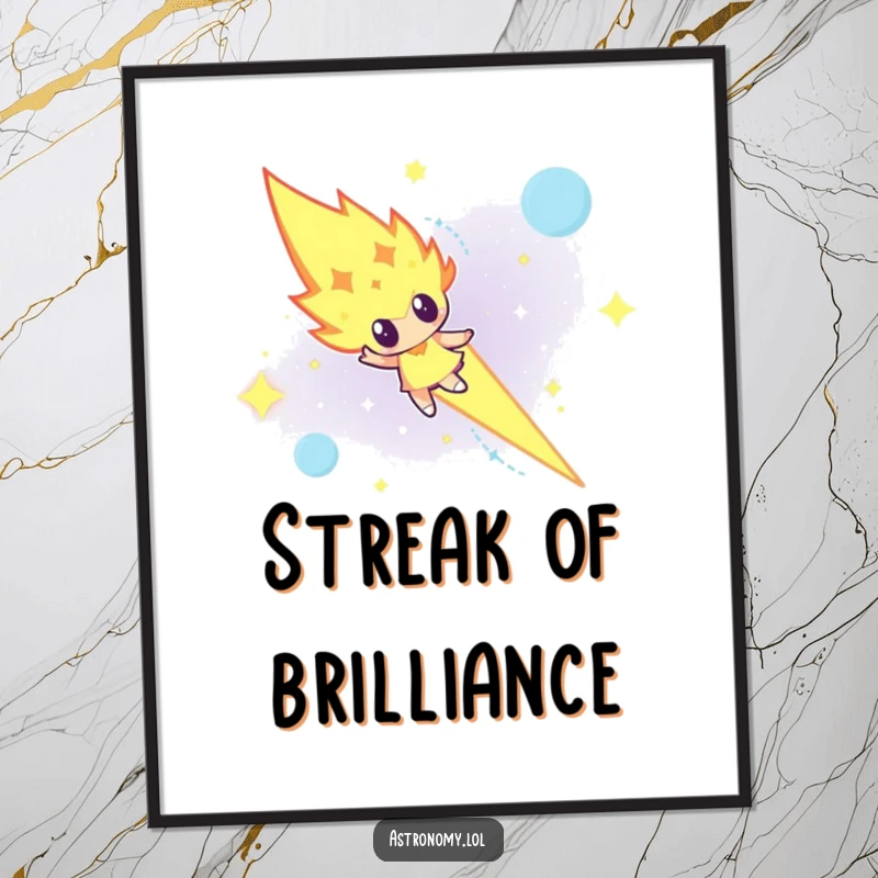 Funny determined meteor character blazing across a dramatic night sky, a digital art print for immediate impact.