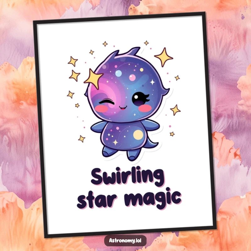 Winking galaxy character swirling with cheerful stardust, digital art print, instant cosmic charm and humor download.