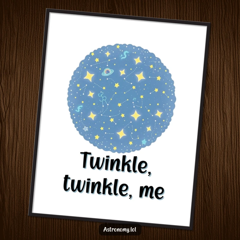 Funny digital artwork of a curious constellation cluster playfully twinkling, designed to bring cosmic wonder and whimsical charm to any space.