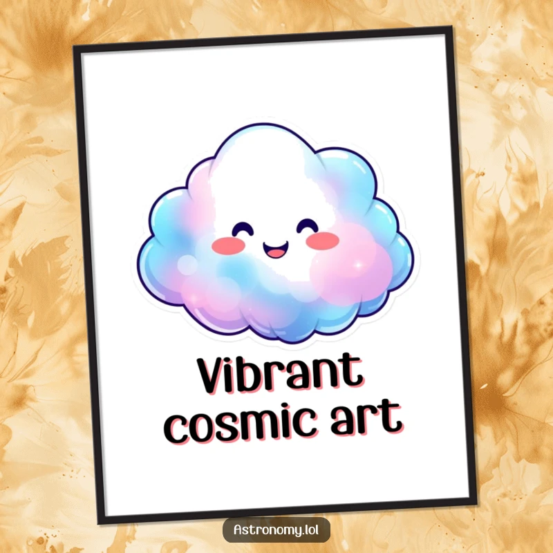Smiling nebula cloud character expanding with happy, vibrant colors, digital art print, instant cosmic joy and humor.