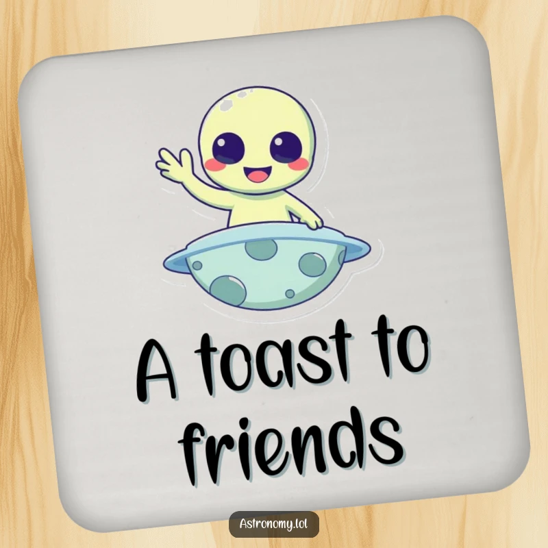 Funny Drink Coaster: A cheerful alien waves hello from a planet, adding humor to drink placement.