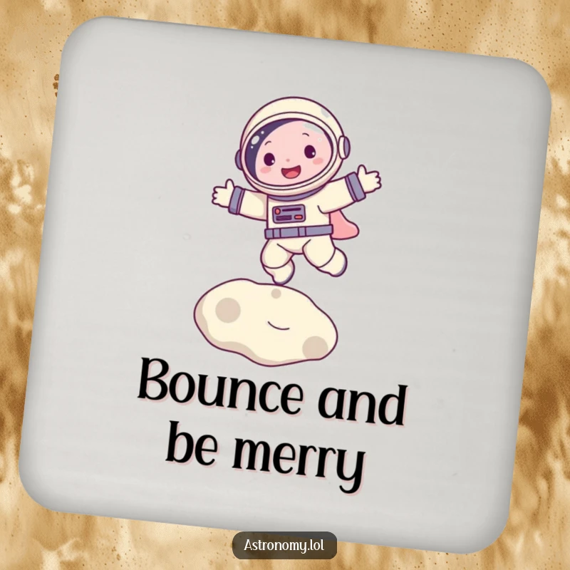 Funny drink coaster with a happy astronaut character bouncing on the moon, offering protection with a humorous touch.