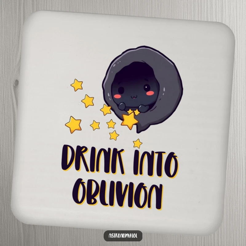Funny black hole character playfully sucking in tiny stars on drink coasters, adding cosmic fun to your home.