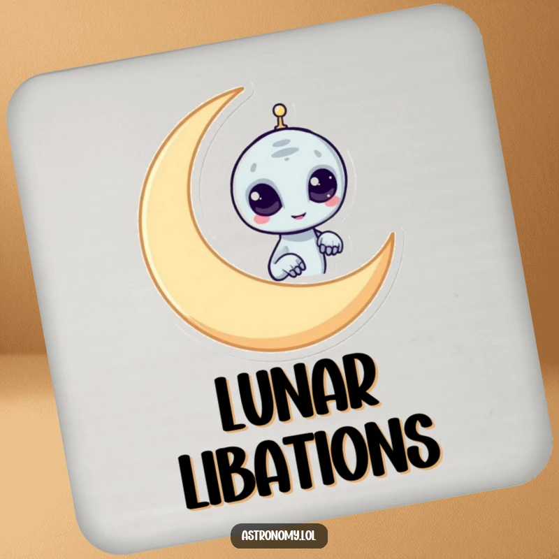 Funny alien coaster featuring a mischievous character peeking from behind a crescent moon, protecting surfaces with humor.