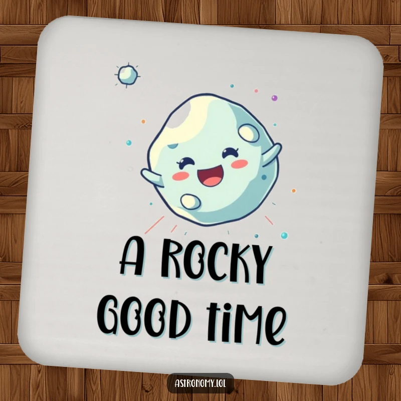 Funny Asteroid Coaster featuring a joyful, tumbling character, protecting tables with cosmic fun and a playful vibe.