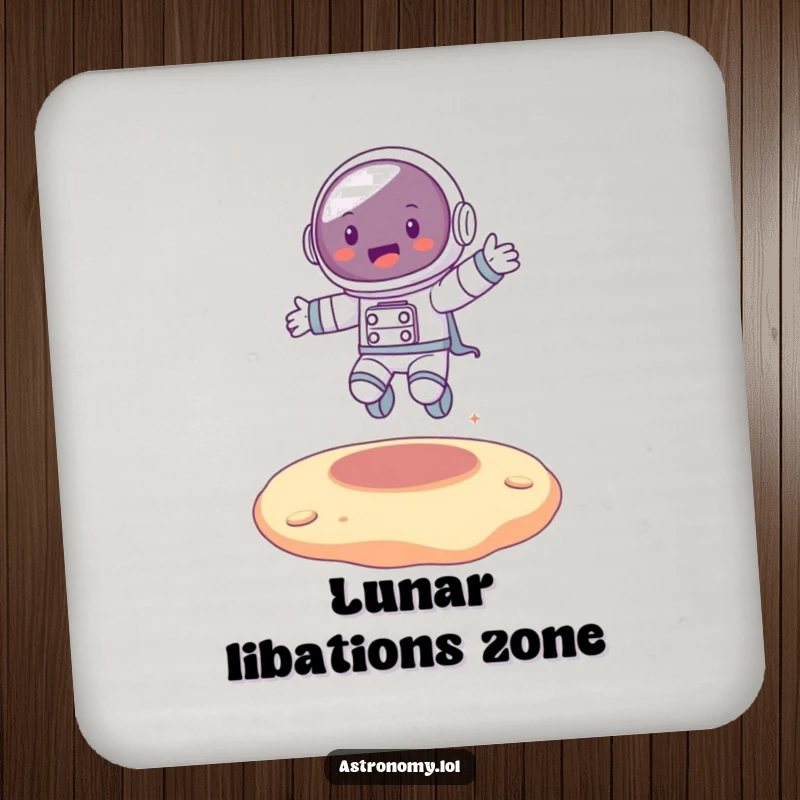 Funny joyful astronaut character bouncing on an alien surface, protecting your table with cosmic humor.