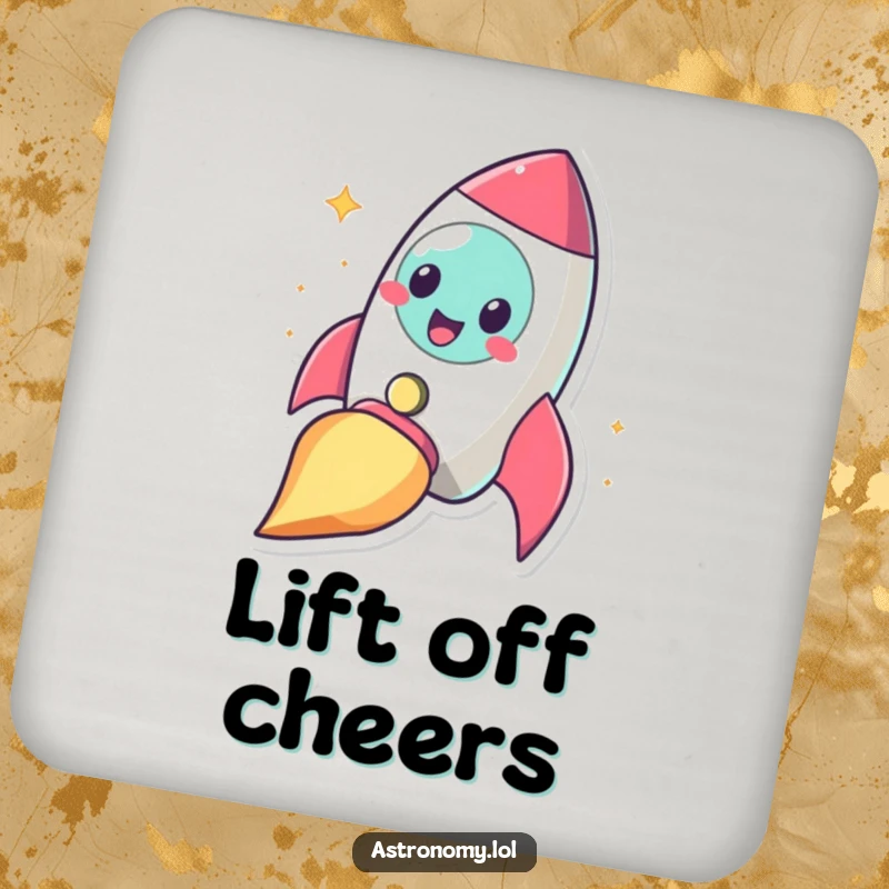 Funny cheerful rocketship character blasting off with a smile, a humorous drink coaster.