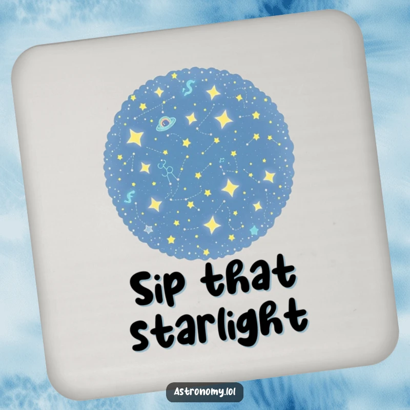 Funny drink coaster showcasing a curious constellation cluster playfully twinkling, designed to add cosmic flair and surface protection.