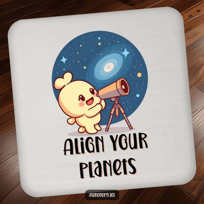 Funny telescope character gazing at a winking galaxy, on a protective drink coaster, adding cosmic flair.