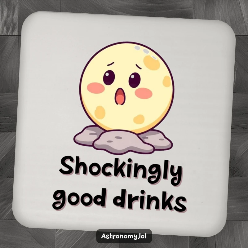 Funny moon drink coaster showing a surprised lunar character with a crater mouth, suitable for any table.