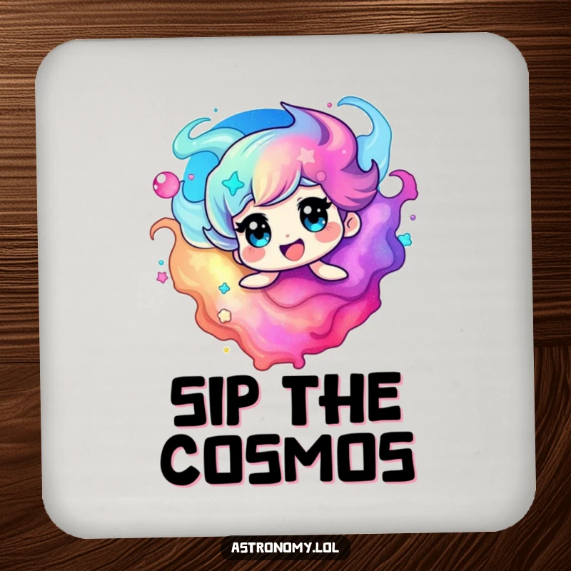 Funny nebula drink coasters featuring a delighted, swirling character in vibrant cosmic colors, protecting surfaces with style.