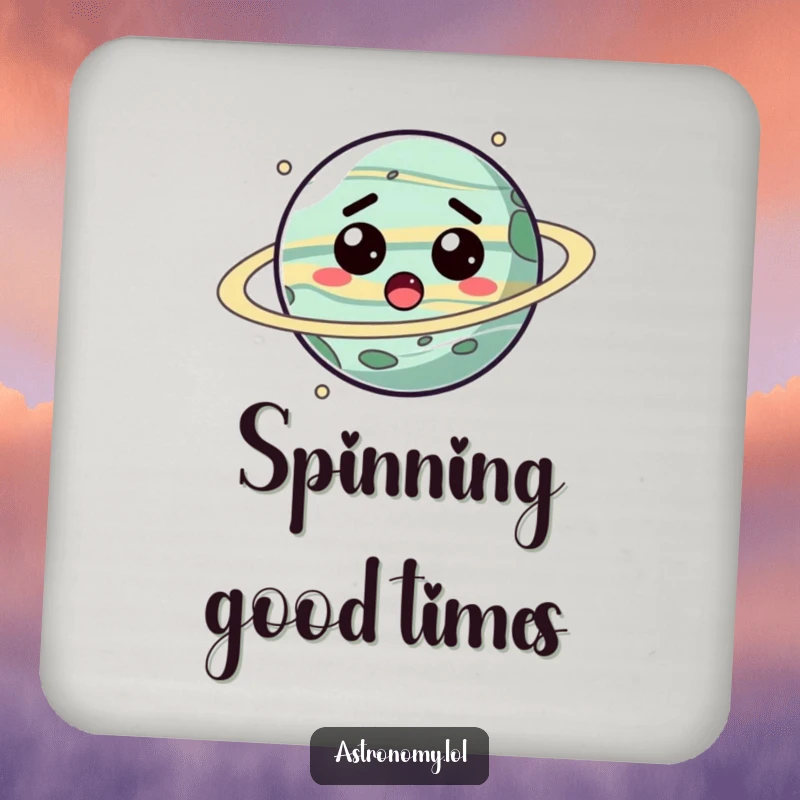 Funny planet coaster featuring a surprised, spinning character, protecting surfaces with a touch of cosmic humor.