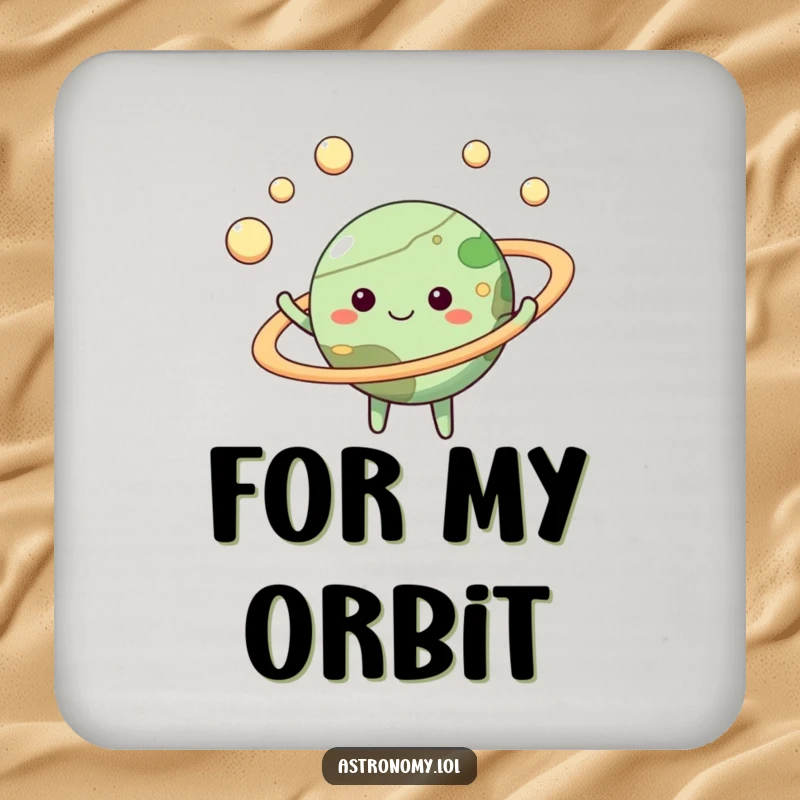 Funny planet drink coaster depicting a happy character juggling moons, a charming and humorous accessory for any table.