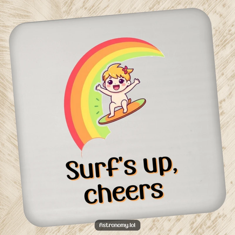 Funny drink coaster depicting a happy character joyfully surfing a rainbow across the sky, adding a touch of vibrant humor.